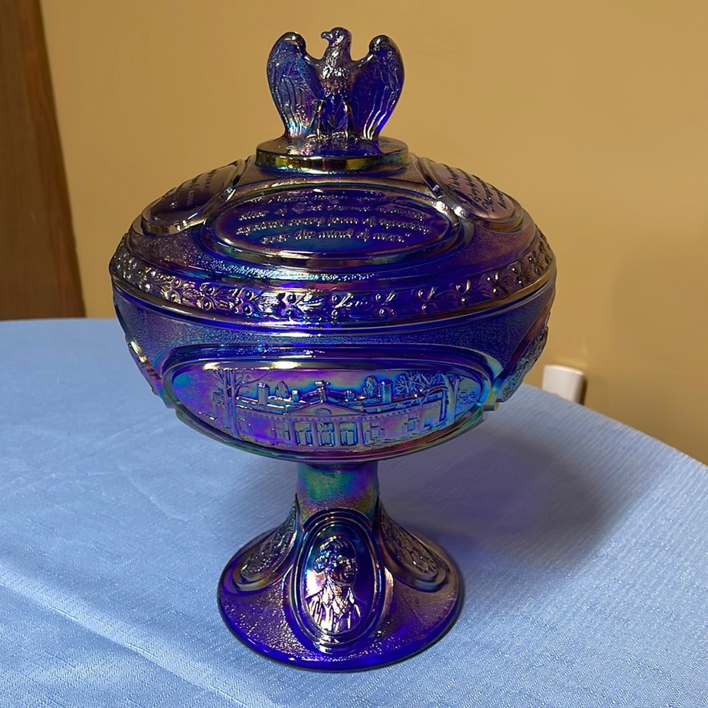 Fenton Bicentennial Cobalt Carnival Glass Compote 1776-1976 Covered Dish 11”